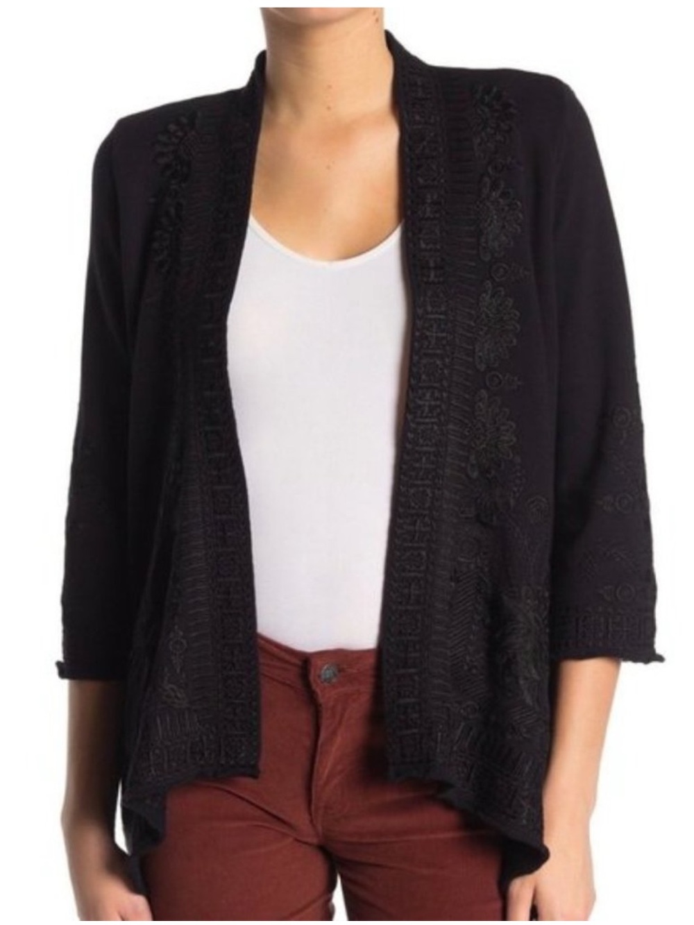 Johnny Was Delphine Knit Draped Cardigan Black Large NWT Embroidered Kimono